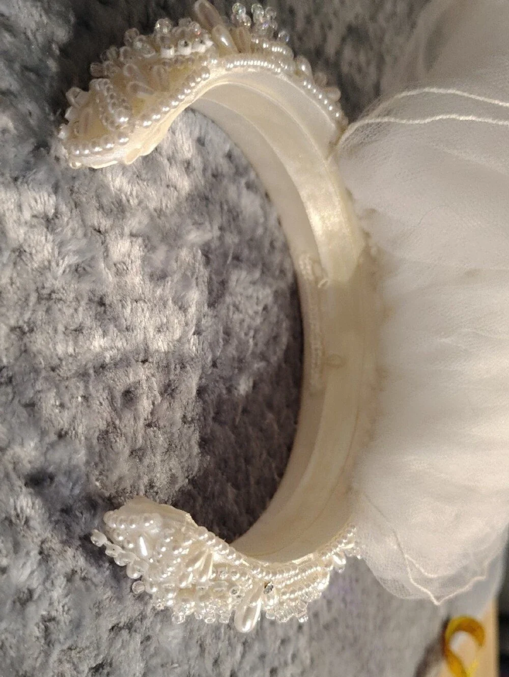 Beaded Pearl White Bridal Headband with Veil